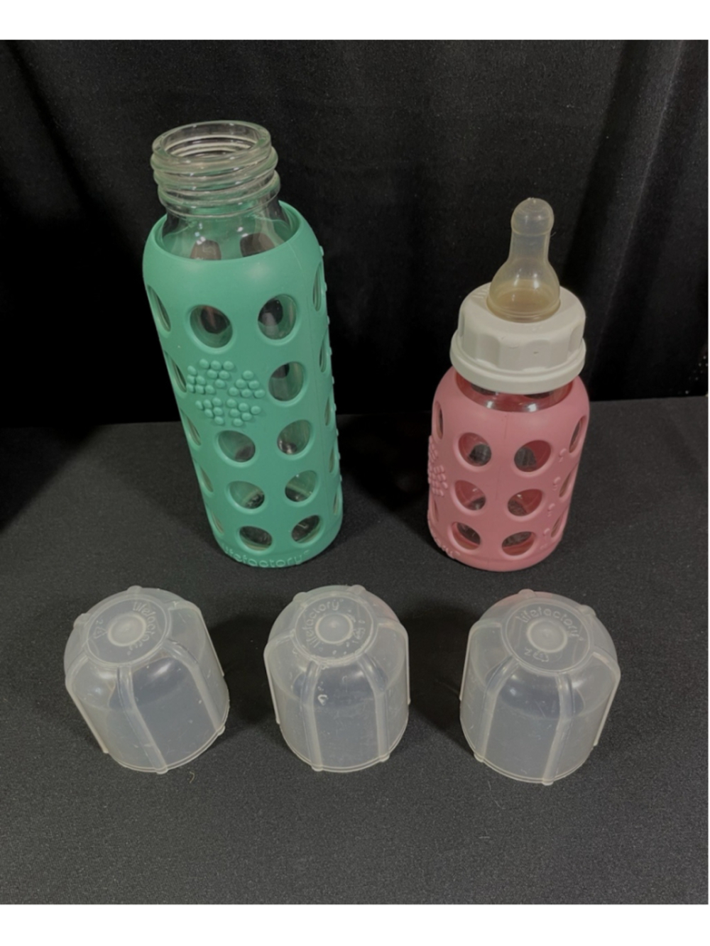 Lifefactory 2 Glass Baby Bottles 9 and 4 oz Caps Silicone Sleeves Teal Pink